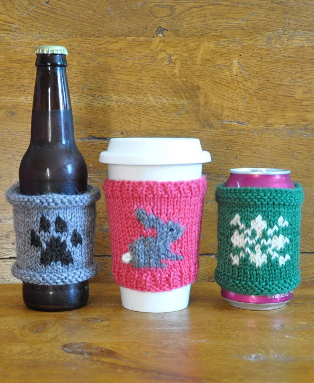 Knitting Pattern Set for Pawprint, Bunny, and Snowflake Cup Cozies