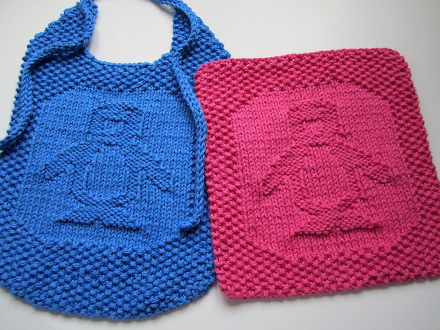 Free knitting pattern for Penguin Washcloth and Bib