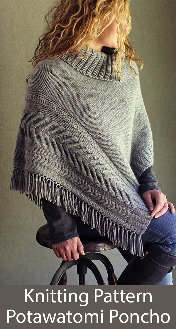 Knitting Pattern for Potawatomi Cabled Poncho in 1 Piece