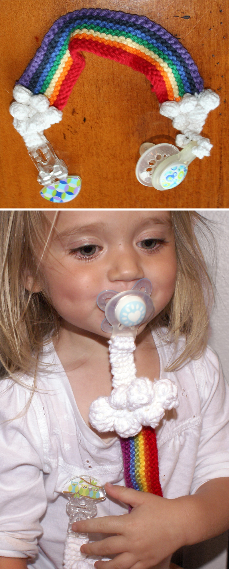 Free Knitting Pattern for Rainbow Pacifier Keeper