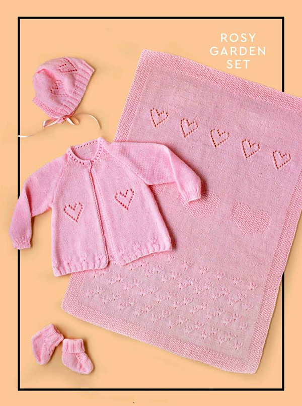 Free Knitting pattern for Rosy Garden Baby Set