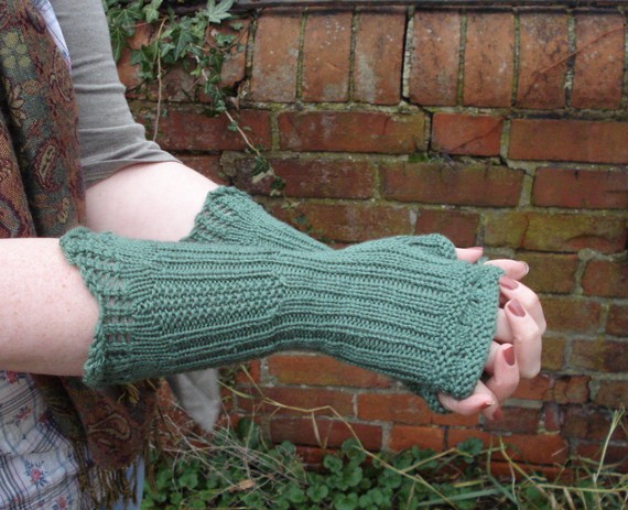 Knitting pattern for Russell Square Mitts with eyelets, frills and ribbing and more wrist warmer knitting patterns