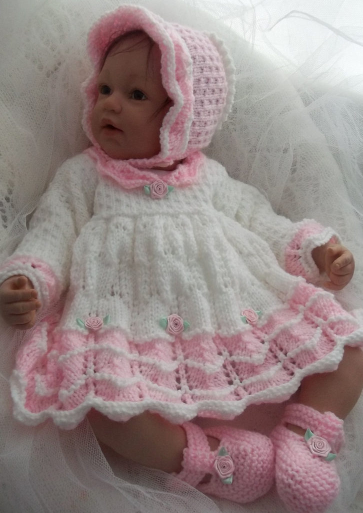 Free Knitting Pattern for Scalloped Baby Dress, Bonnet & Booties 