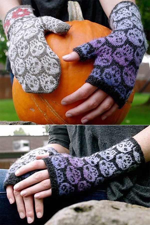 Knitting pattern for Skulls & Flowers Mittens and the Skulls Fingerless Mitts