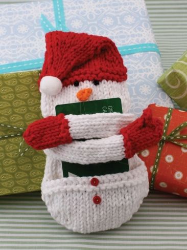 Free knitting pattern for Snow Man Gift Card Holder and more gift wrap knitting patterns