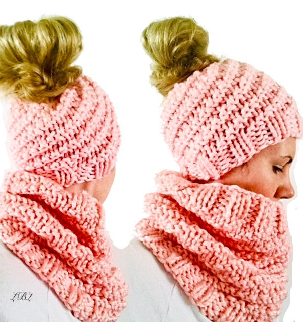 Knitting Pattern for Spiral Snow Bunny Bun Beanie and Cowl Set