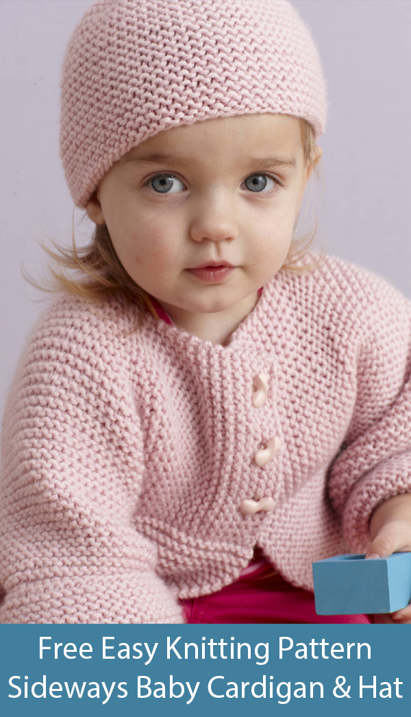 Free Knitting Pattern for Easy Sideways Baby Cardigan and Hat