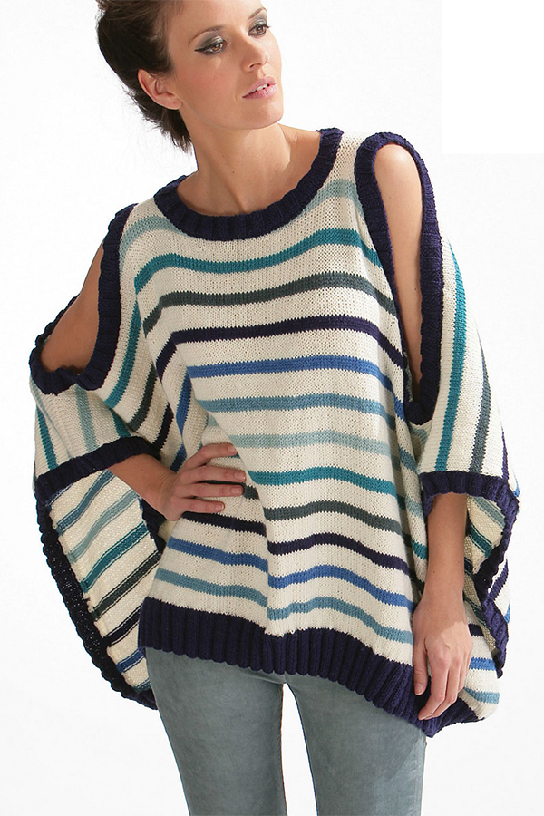 Free Knitting Pattern for Striped Cold Shoulder Poncho Top