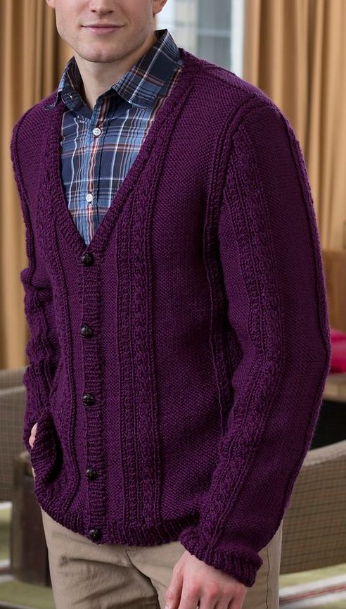 Free Knitting Pattern for Men's V-Neck Cable Cardigan