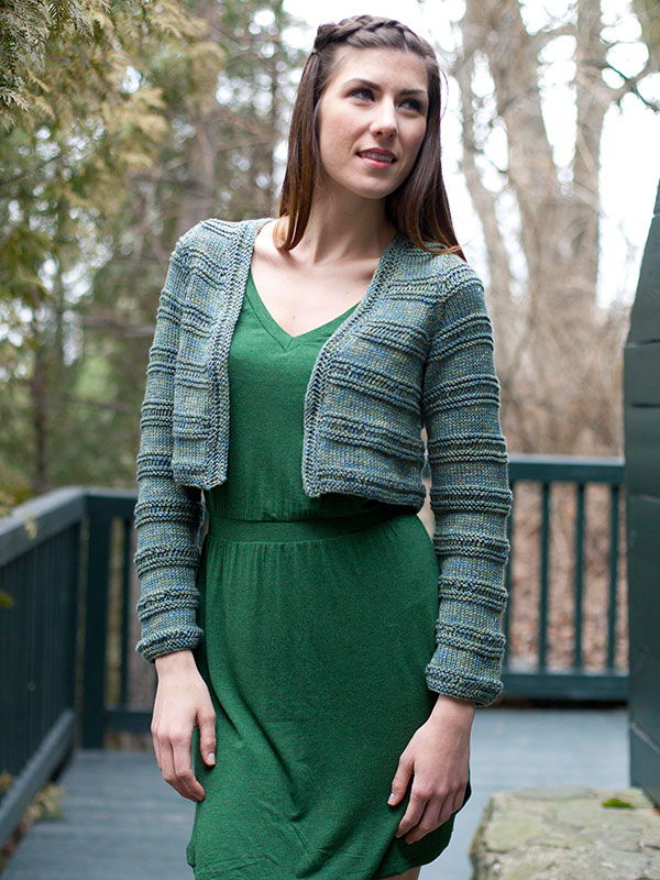 Free knitting pattern for Westbury croppled long sleeved cardigan by Berroco. Great for multi color yarn