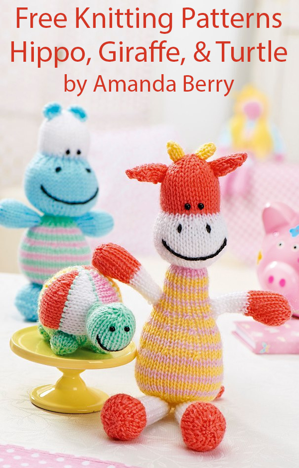 Free Knitting Patterns for Hippo, Giraffe, and Turtle Toys by Amanda Berry