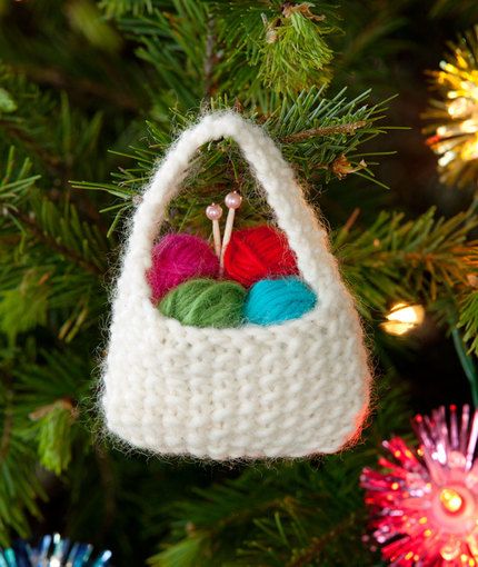 Free knitting pattern for Yarn Basket ornament and more Christmas decoration knitting patterns