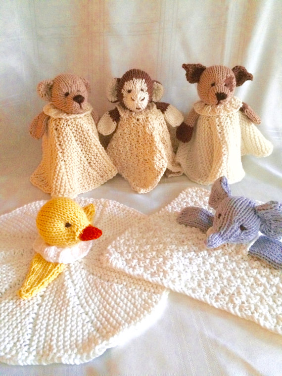Knitting pattern for Mini Cuddly Blankies with bear, dog, elephant, duck, and monkey