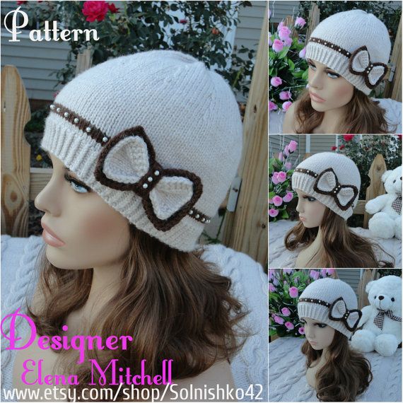 Knitting pattern for Beanie with Bow and Beads and more beanie hat knitting patterns