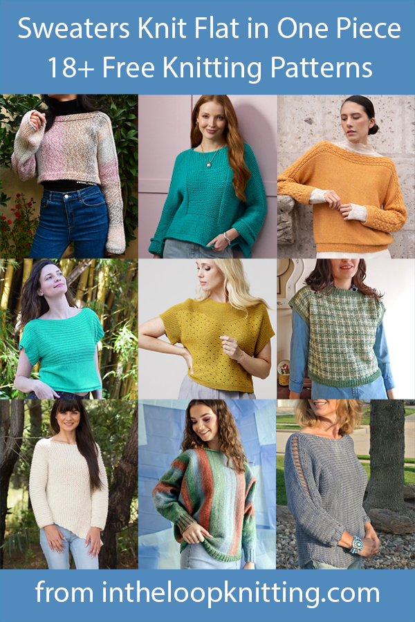 Knitting patterns for pullover sweaters, tees, and vests knit flat in one piece. Most patterns are free. 