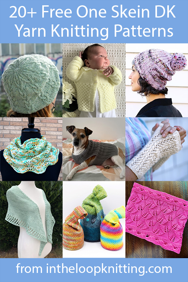 Free knitting Patterns for hats, scarves, mitts, shawls, and more knit with one ball of DK weight yarn.