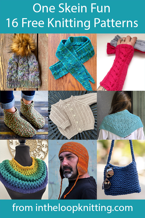 Free knitting patterns for shawls, baby clothes, hats, mittens, and more that use only one skein or ball of the recommended yarn. Most patterns are free.