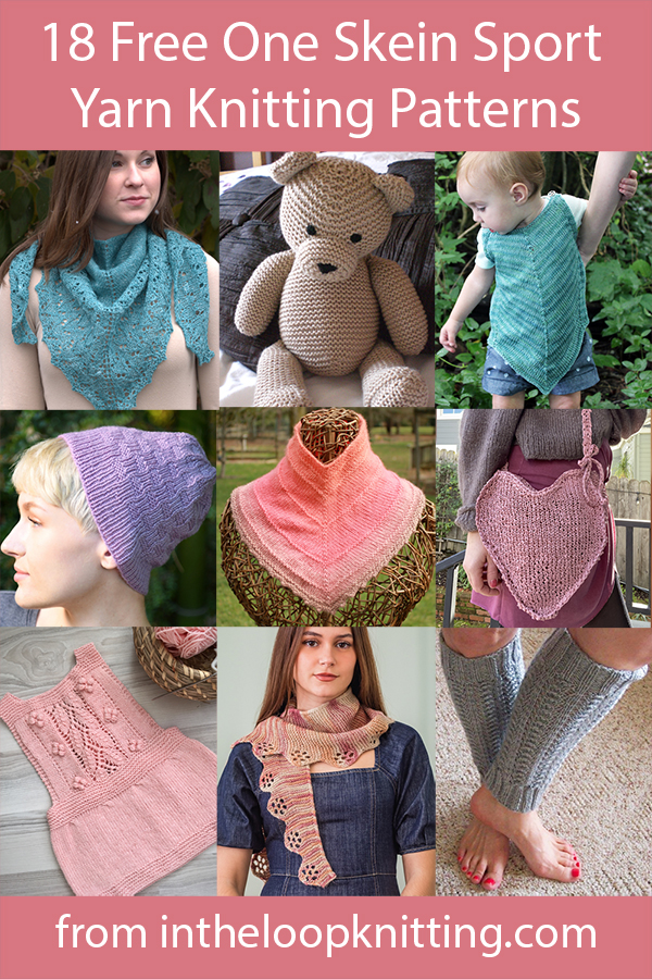 Free knitting patterns for hats, scarves, cowls, and more knit with one skein (100g or less) of sport weight yarn. Most patterns are free.