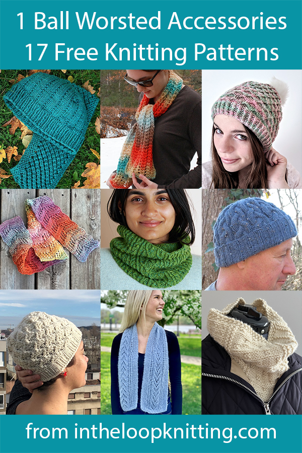 Free knitting patterns for hats, cowls, and scarves knit with one skein of Worsted or Aran weight yarn. One skein is defined as 100g.