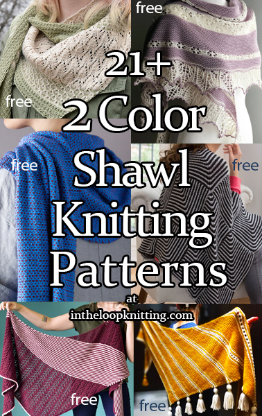 Knitting patterns for shawls knit with 2 colors of yarn. Many of the patterns are free.