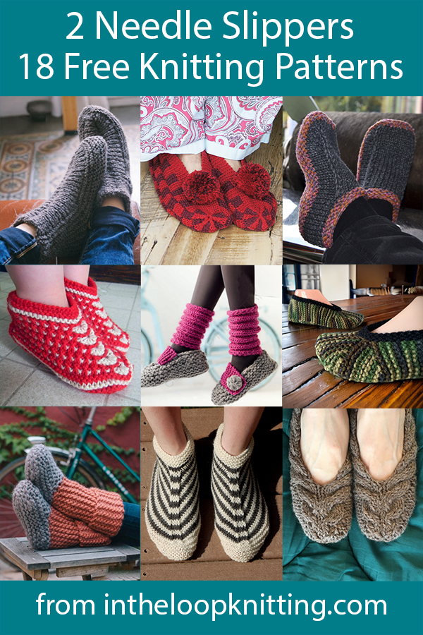 Easy slippers for men and women knit flat with two needles. Most patterns are free.