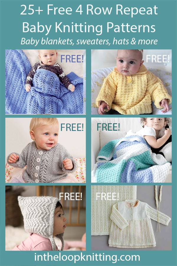 4 Row Repeat Knitting patterns for baby sweaters, blankets, hats, and more knit with a 4 row repeat. Most patterns are free.