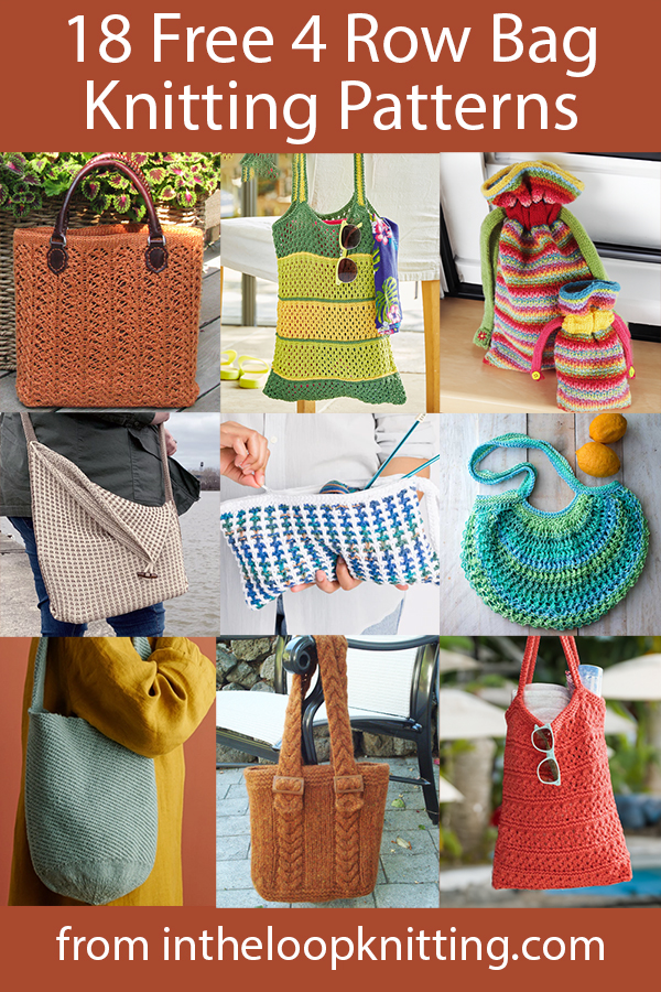 Free knitting Patterns for totes, market bags, shoulder bags, purses, and more knit with a 4 row or 4 round repeat. Most patterns are free.