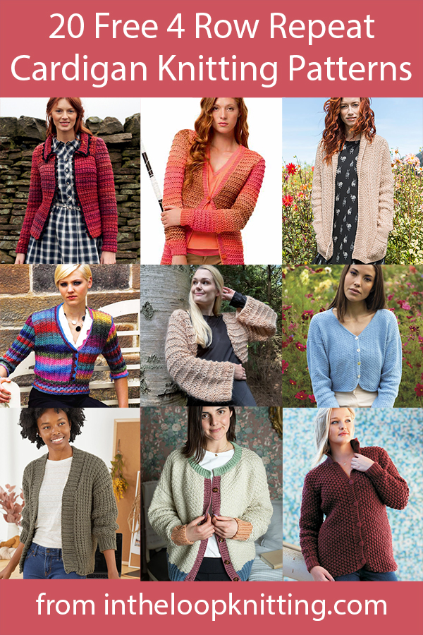 Free knitting patterns for cardigan sweaters knit with a 4 row repeat.
