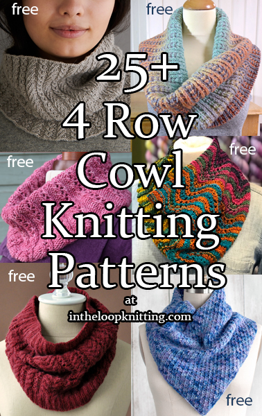 Cowl Knitting patterns for cowls that use a 4 row or round repeat. Rated easy by the designer and/or Ravelrers. Most patterns are free.
