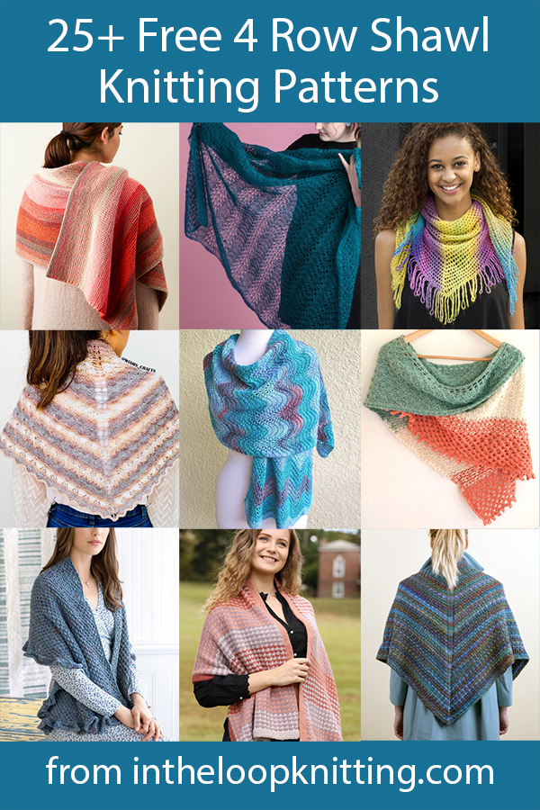 Knitting patterns for shawls knit with an 4 row repeat. Many of the patterns are free. Updated 4/15/23