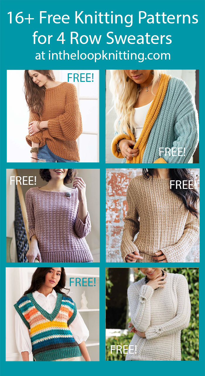 Women's Sweater Knitting Patterns in for pullovers and cardigans knit with 4 Row Repeats. Most patterns are free. Updated 11/25/22