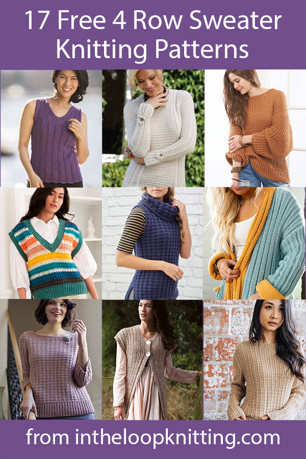 Free Women's Sweater Knitting Patterns for pullovers, tops, vest, and cardigans knit with 4 Row Repeats. Most patterns are free. Updated 8/7/23