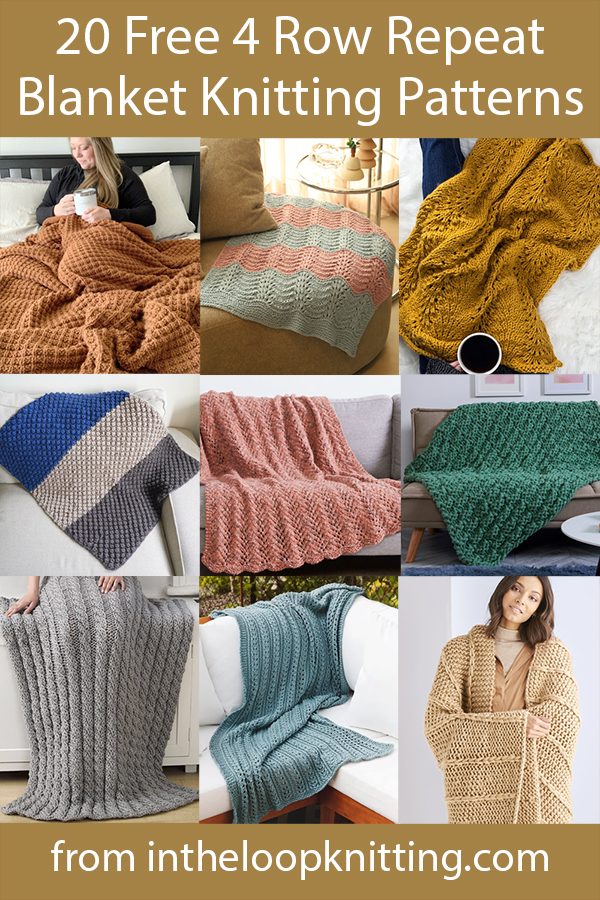 Free knitting patterns for blankets and throws knit with a 4 row repeat. Many can also be used as baby blankets or kid's blankets.  Most patterns are free.