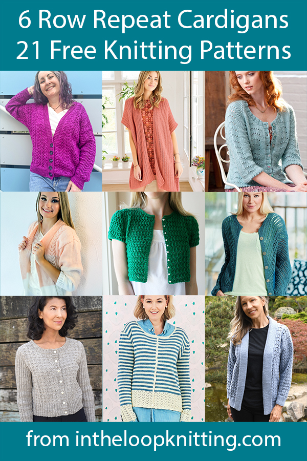 Free knitting patterns for cardigans knit with 6 row repeat lace, cable, texture, or colorwork.