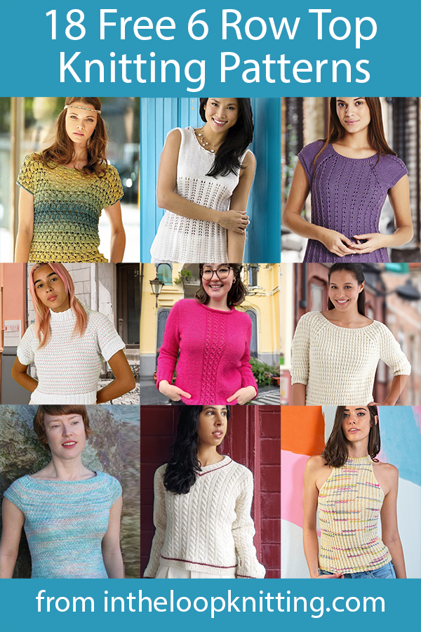 Free knitting patterns for tees, pullovers, and other sweaters using a 6 row repeat. Most without any picking up of stitches.