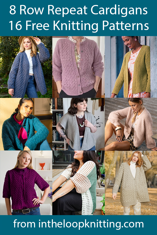 Free knitting patterns for cardigans and jackets knit with an 8 row repeat  of cables, texture, or lace.