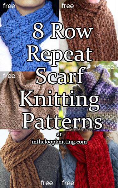 Knitting patterns for scarves knit with an 8 row repeat. Most rated as easy. Most patterns are free.