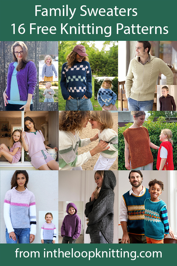 Free matching adult and children's sweater knitting patterns.