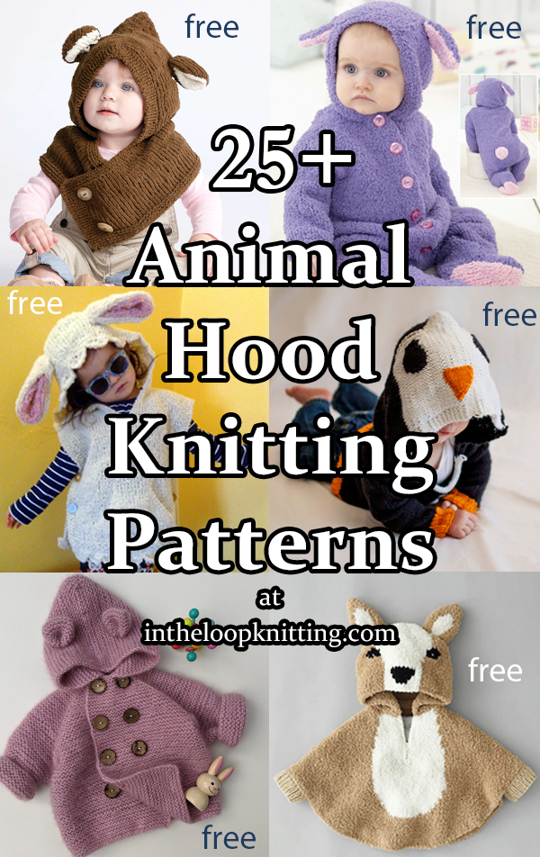Animal Hoodie Knitting patterns for baby and child sweaters and hats with hoods inspired by animals such as bears, puppies, bunnies, and more. Most patterns are free.