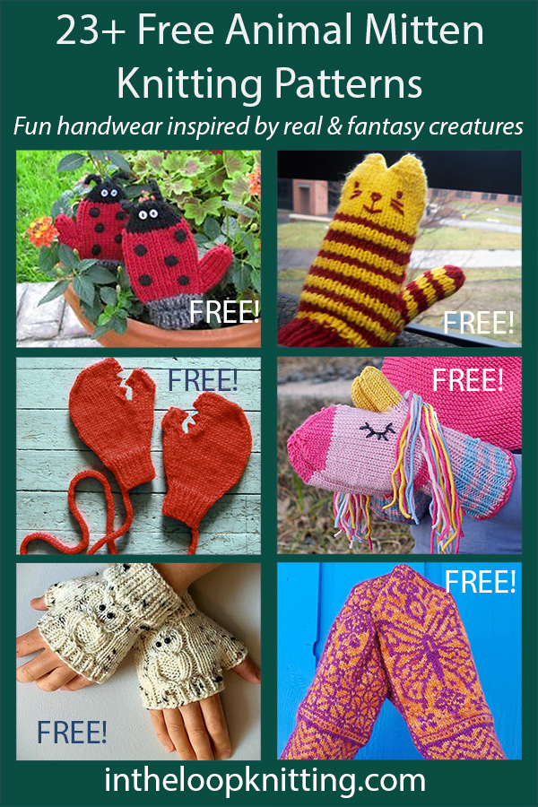 Animal Knitting Patterns. Fun knitting patterns for mittens and fingerless mitts designed to look like animals or with animal motifs.  Most patterns are free.