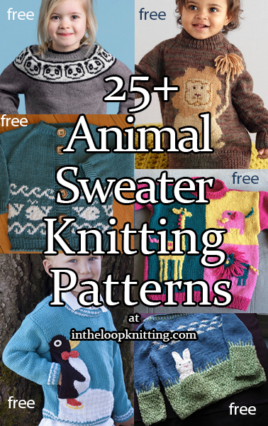 Knitting patterns for sweaters for babies and children with animal themes. Most patterns are free.