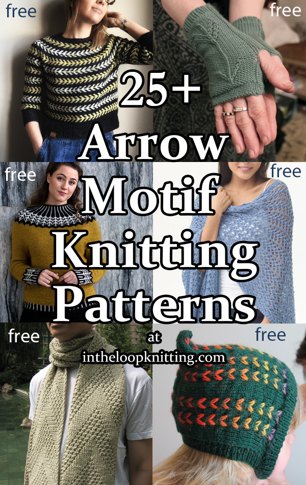 Arrow Motif Knitting patterns for sweaters, shawls, scarves, cowls, blankets, hats, and more with arrow motifs. Most patterns are free.