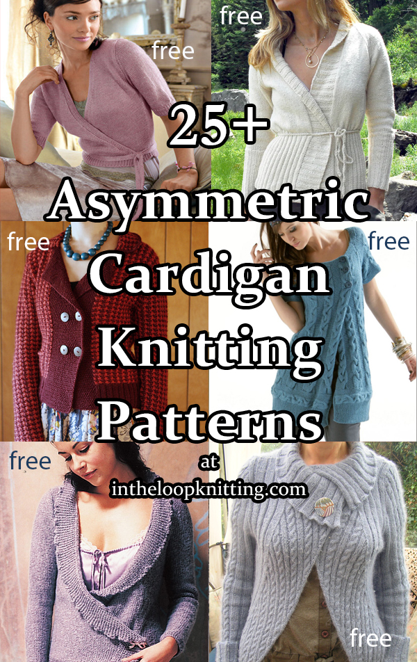 Asymmetric Cardigan Knitting Patterns for cardigan sweaters with an asymmetric front closure including wrap sweaters, double breasted jackets, and more. Most patterns are free.