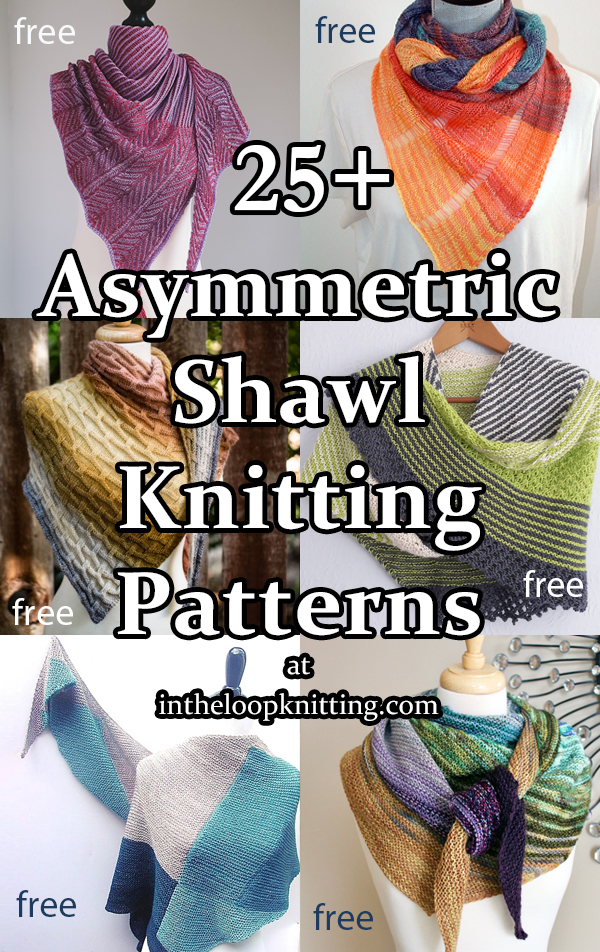 Shawl Knitting patterns for asymmetric triangular shaped shawls. Most patterns are free.
