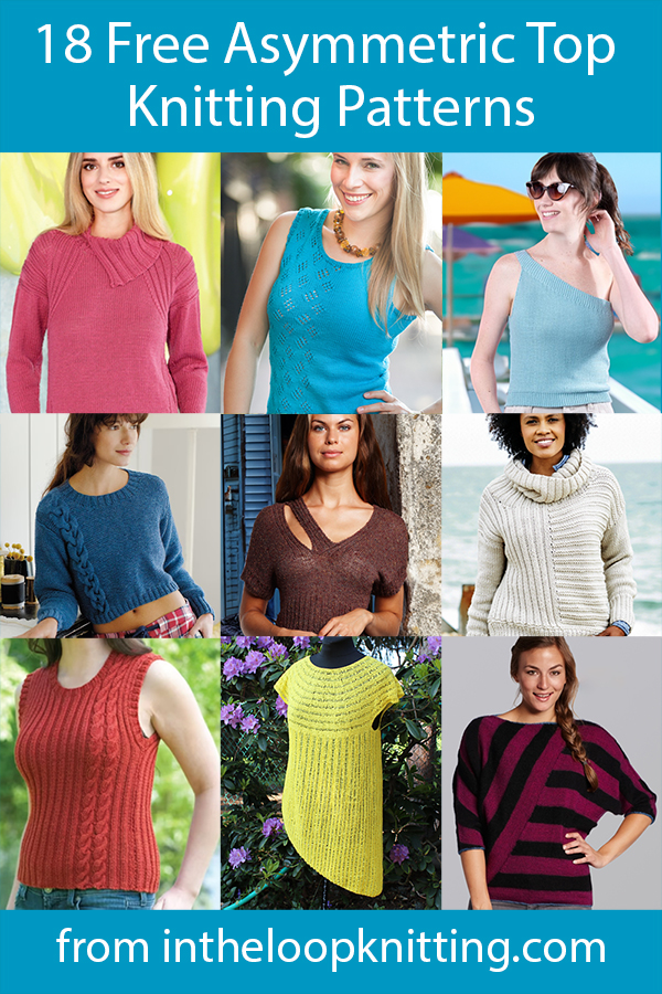 Free knitting patterns for sweaters, tees, tanks, and other tops with eye-catching asymmetry of color, texture, or silhouette.
