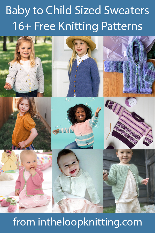 Cardigans and pullovers with a wide age range so you can use them as baby continues to grow or use the same pattern for all the kids in the family. Most patterns are free.
