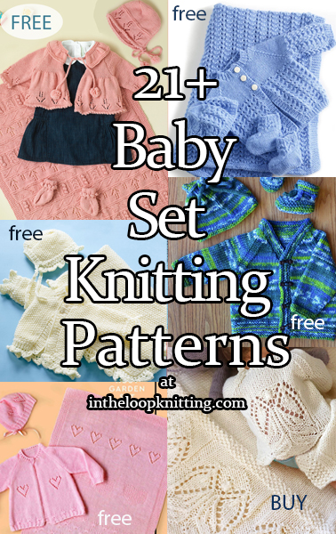 Knitting patterns for matching baby sets including layettes, newborn photo props, hats, blankets, booties, sweaters. Most patterns are free.