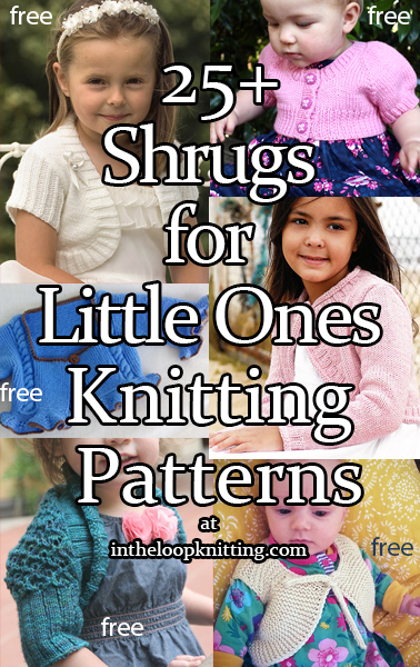 Knitting patterns for shrugs, boleros, and cropped cardigans in baby, toddler, and child sizes. Most patterns are free.