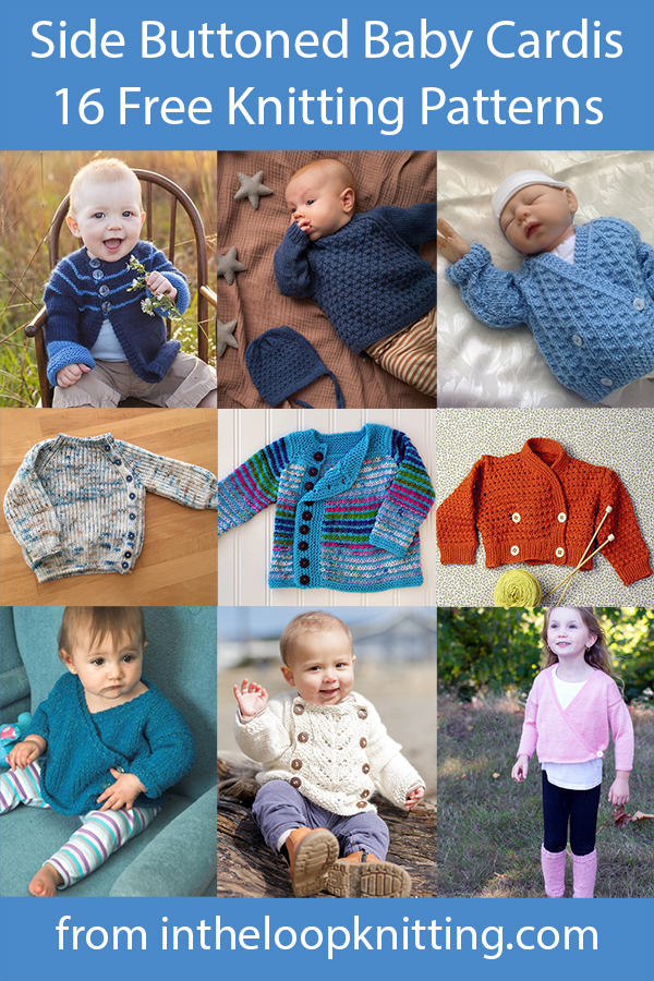 Free knitting patterns for baby sweaters with off center buttons including double breasted cardis, buttons at side front, wrapped front cardigans buttoned at side, and more. Many of the patterns are free.