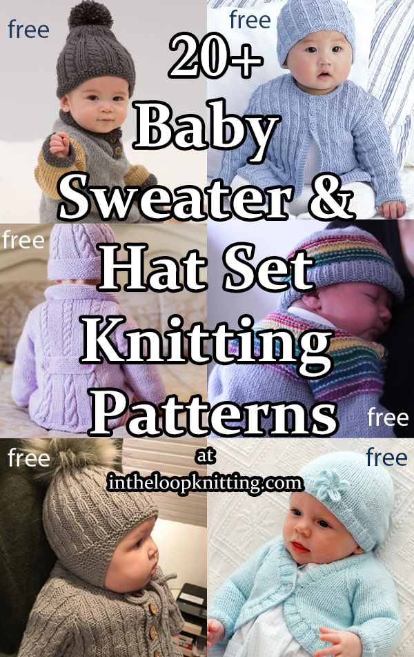 Knitting patterns for matching sets of baby sweaters and hats. Most patterns are free. Most patterns are free. Updated 9/18/2022.